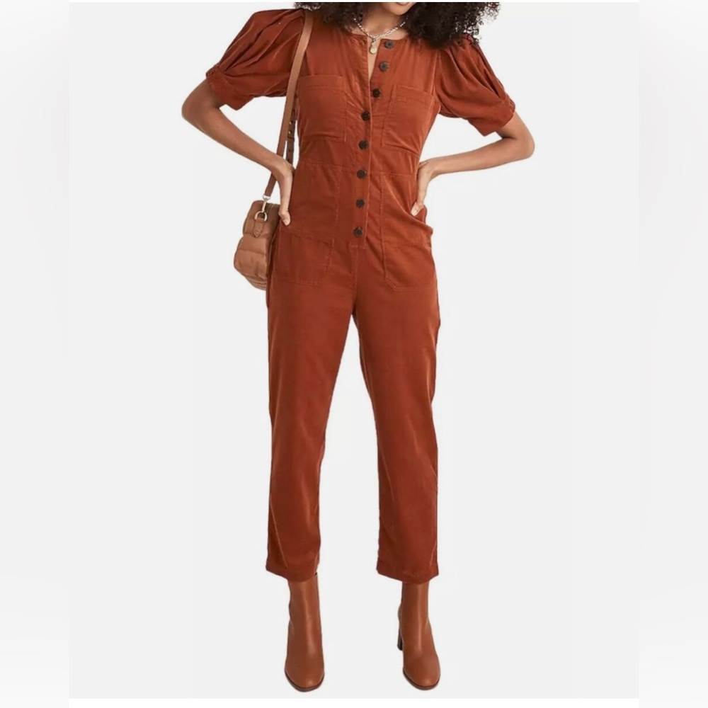 Madewell Corduroy Jumpsuit Short Sleeve Button Front Warm Nutmeg NWT 00P